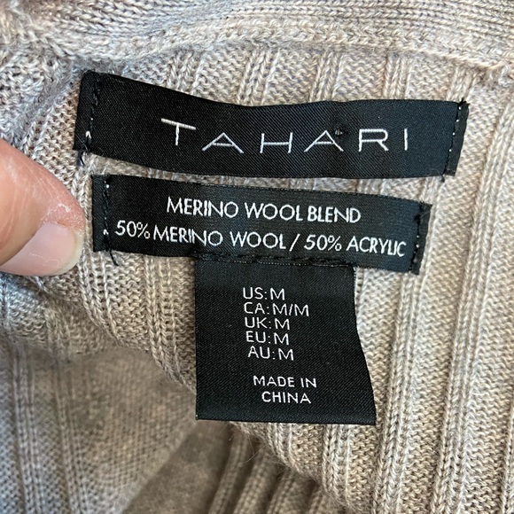 Tahari Open Cardigan Sweater Merino Wool Blend Long Length Medium Tan - Picture 6 of 6